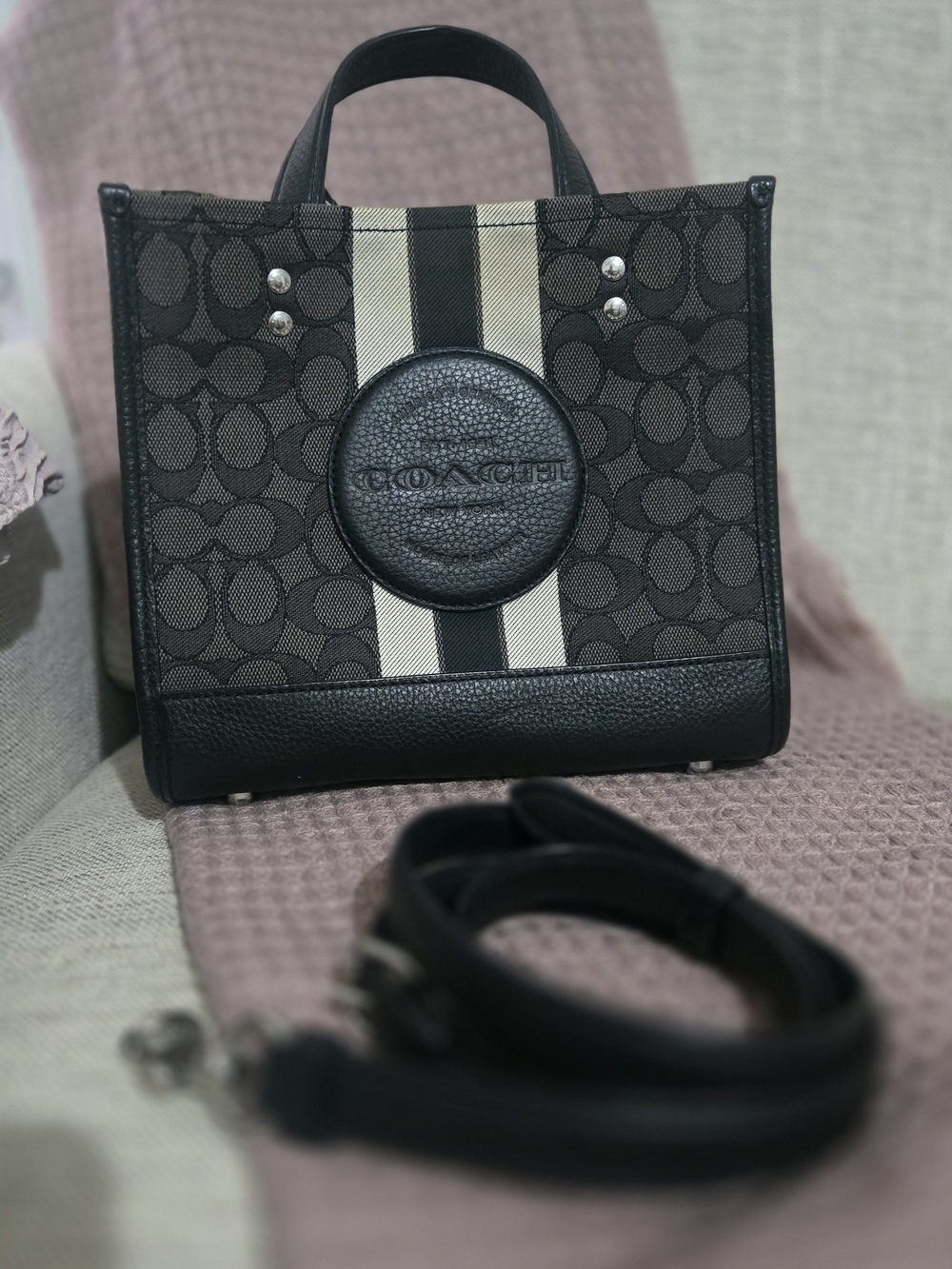 Coach Black Signature Stripe Small Tote with Cream Accent
